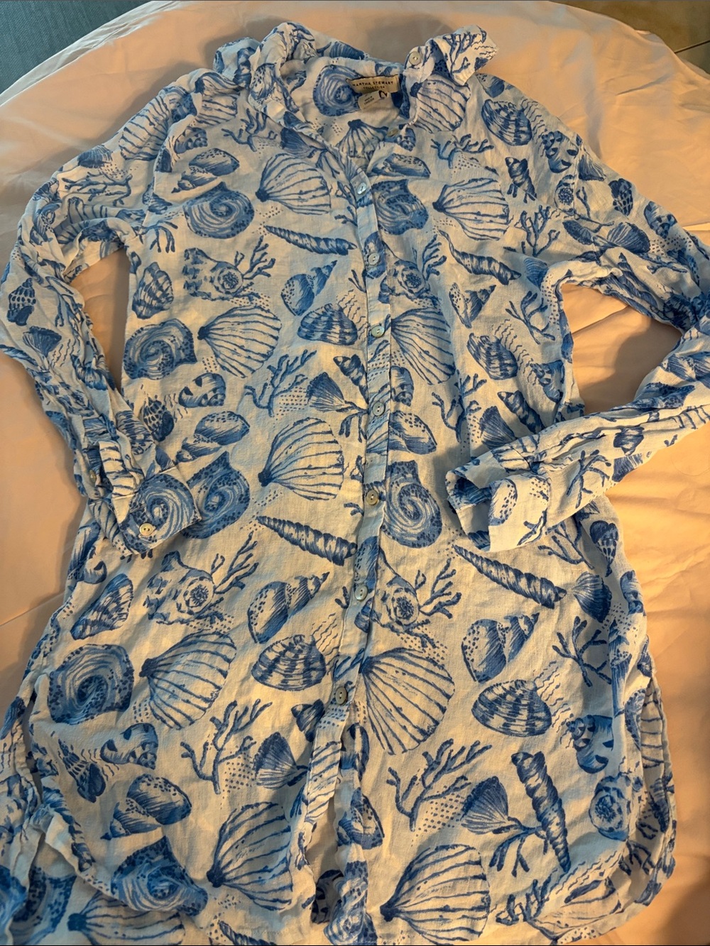 Martha Stewart Blue and White Seashell Button-Up Swim Coverup